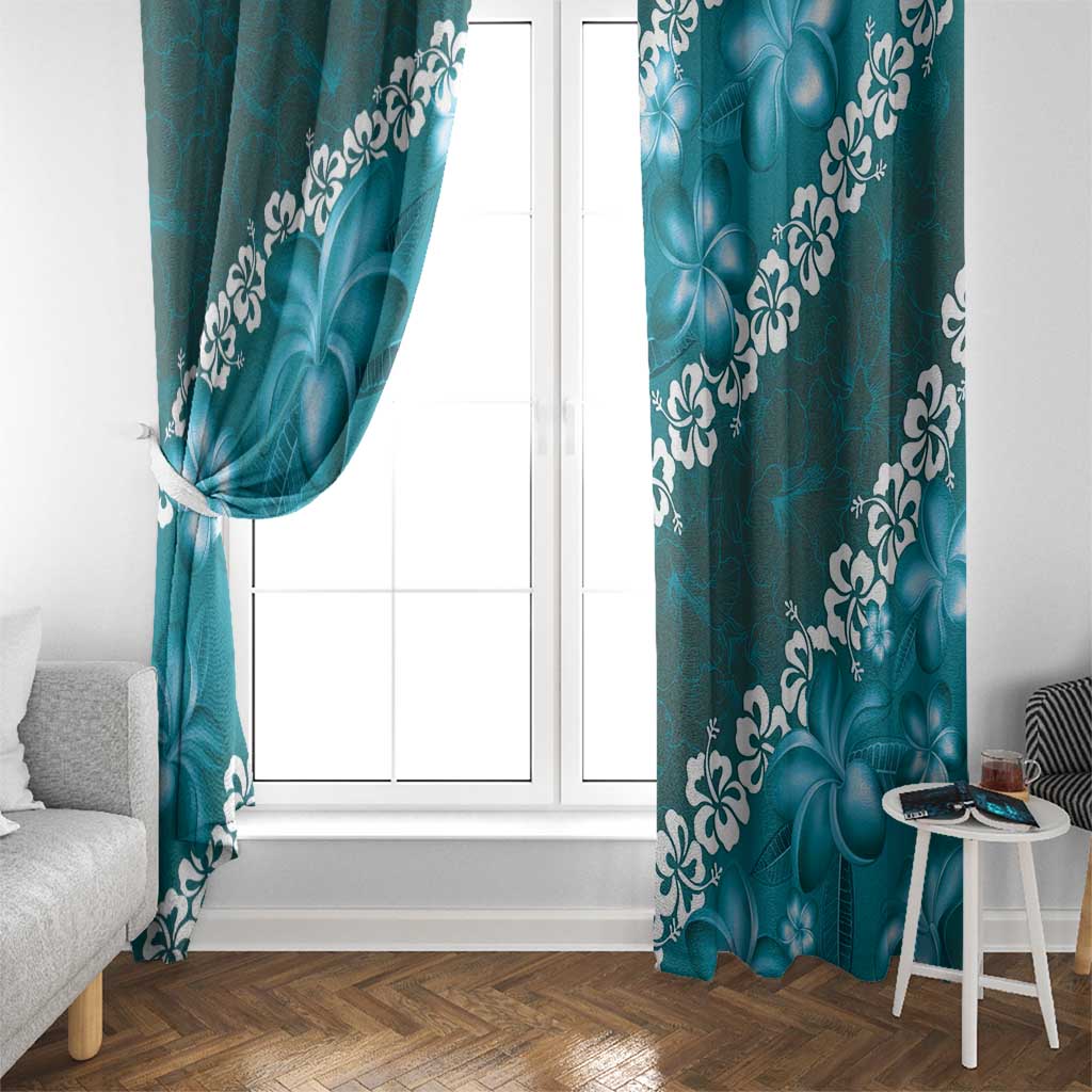 Vintage Dark Cyan Polynesia Window Curtain Plumeria With Hibiscus Tropical Vibes LT14 - Polynesian Pride