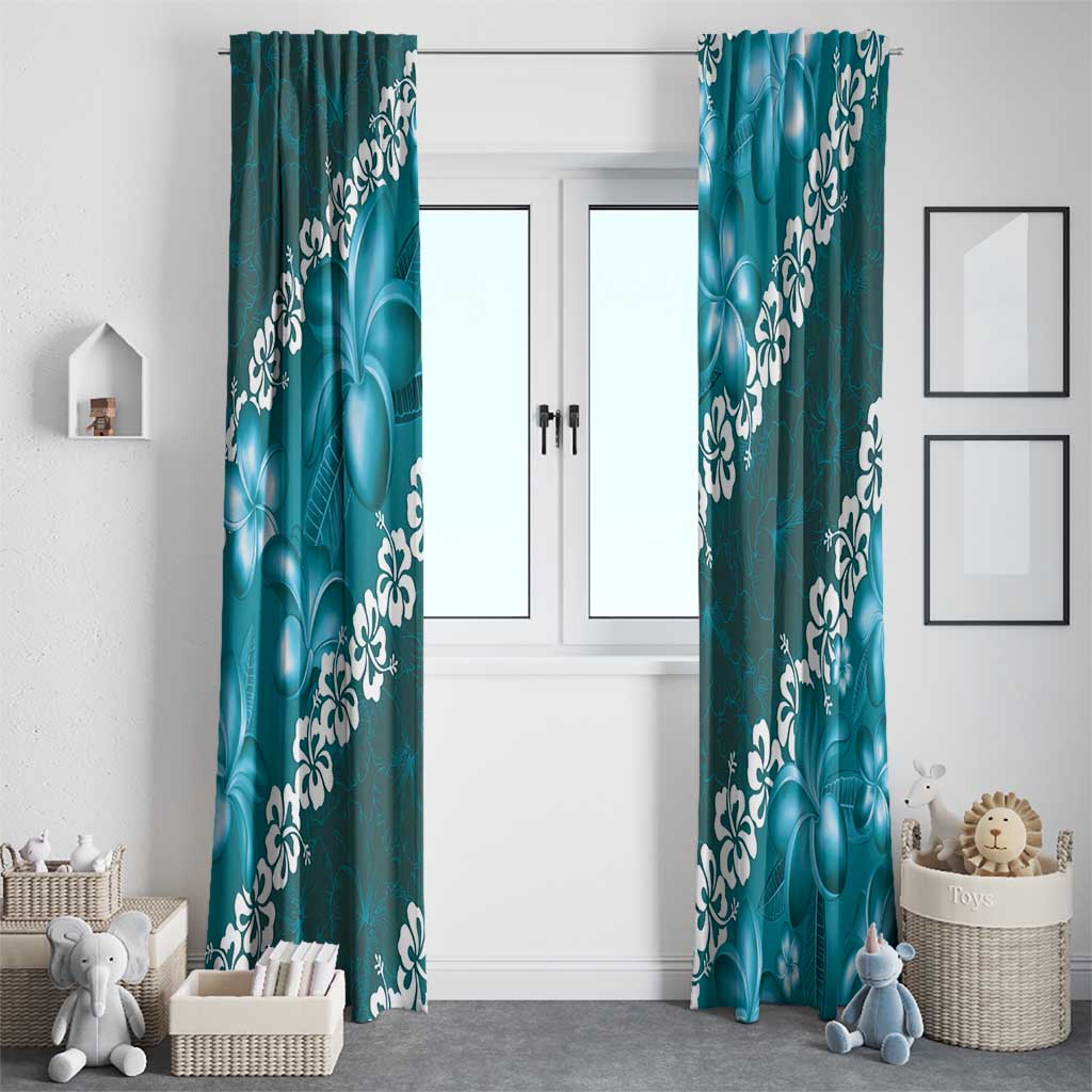 Vintage Dark Cyan Polynesia Window Curtain Plumeria With Hibiscus Tropical Vibes LT14 - Polynesian Pride