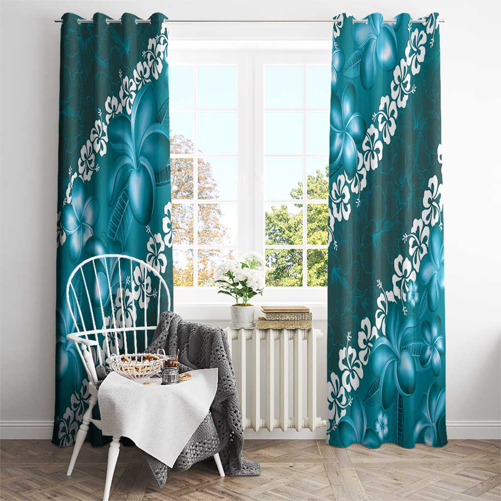 Vintage Dark Cyan Polynesia Window Curtain Plumeria With Hibiscus Tropical Vibes LT14 - Polynesian Pride