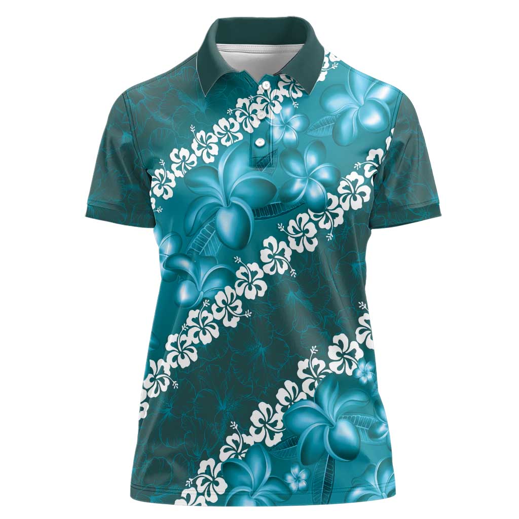 Vintage Dark Cyan Polynesia Women Polo Shirt Plumeria With Hibiscus Tropical Vibes