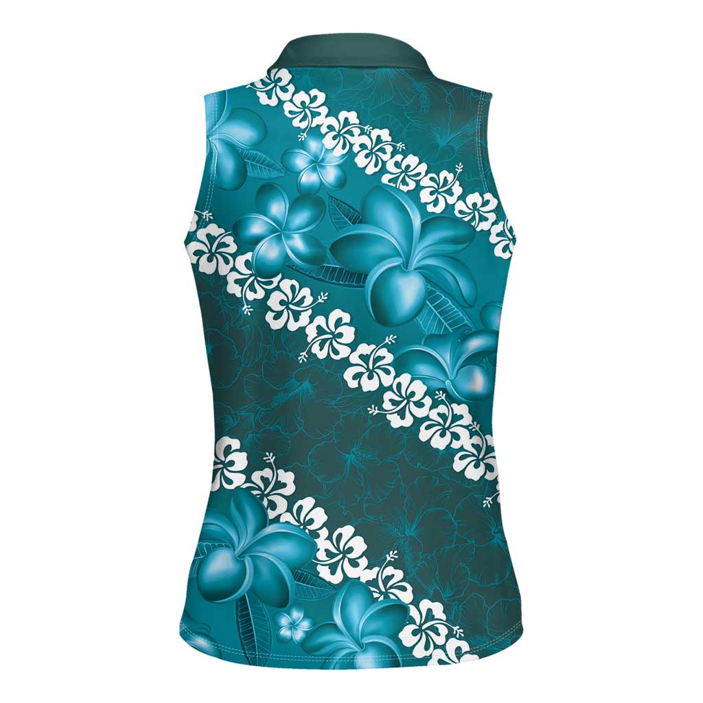 Vintage Dark Cyan Polynesia Women Sleeveless Polo Shirt Plumeria With Hibiscus Tropical Vibes