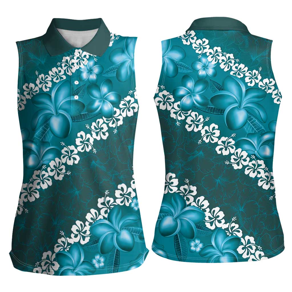 Vintage Dark Cyan Polynesia Women Sleeveless Polo Shirt Plumeria With Hibiscus Tropical Vibes