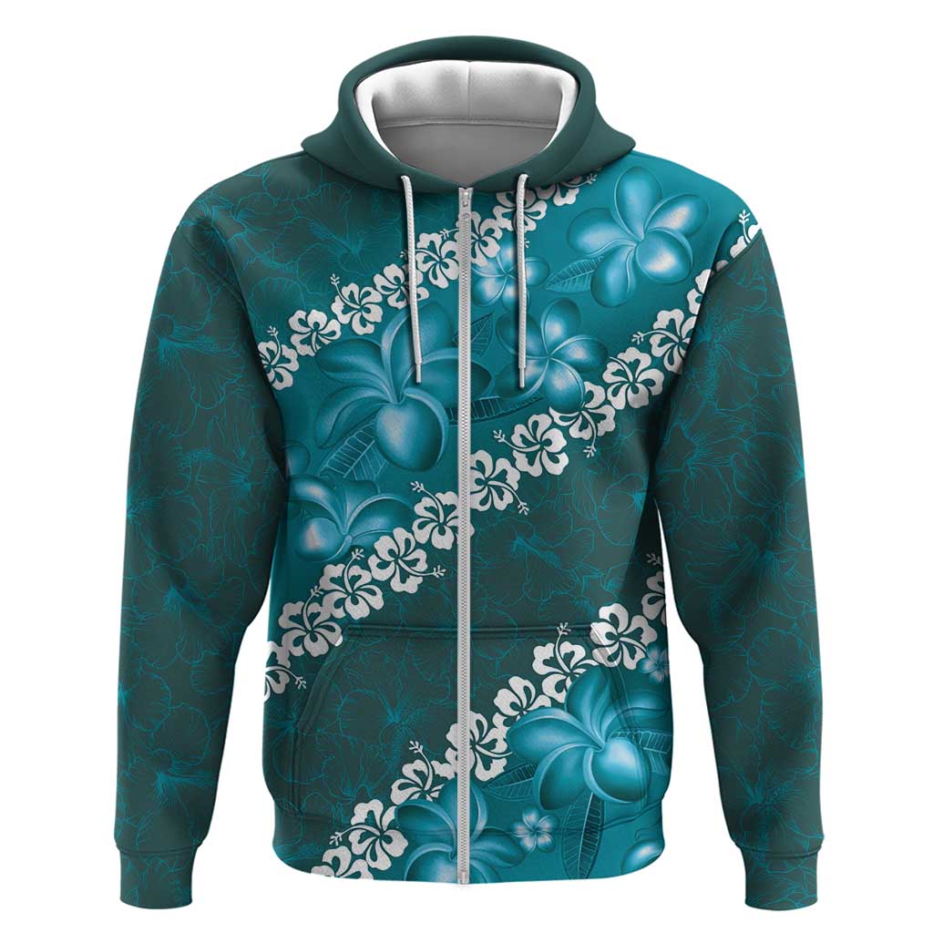 Vintage Dark Cyan Polynesia Zip Hoodie Plumeria With Hibiscus Tropical Vibes