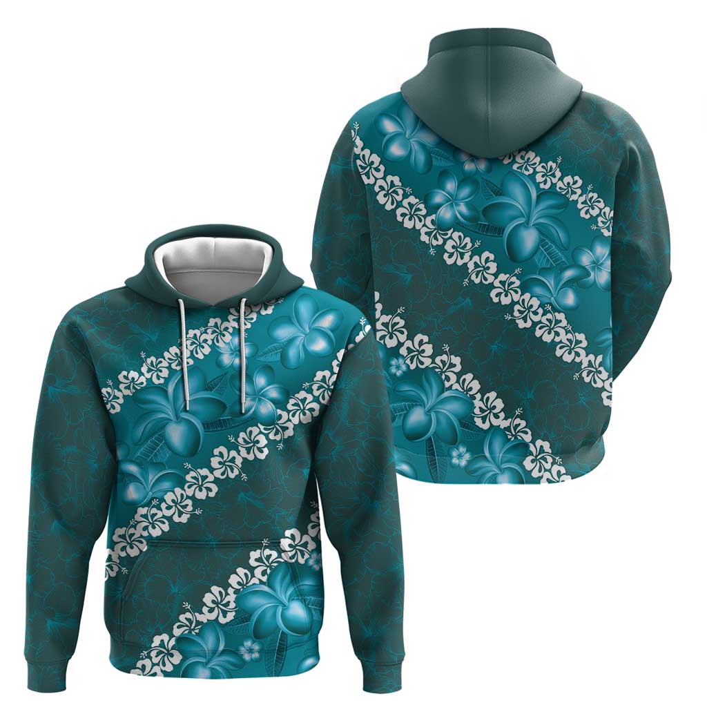 Vintage Dark Cyan Polynesia Zip Hoodie Plumeria With Hibiscus Tropical Vibes