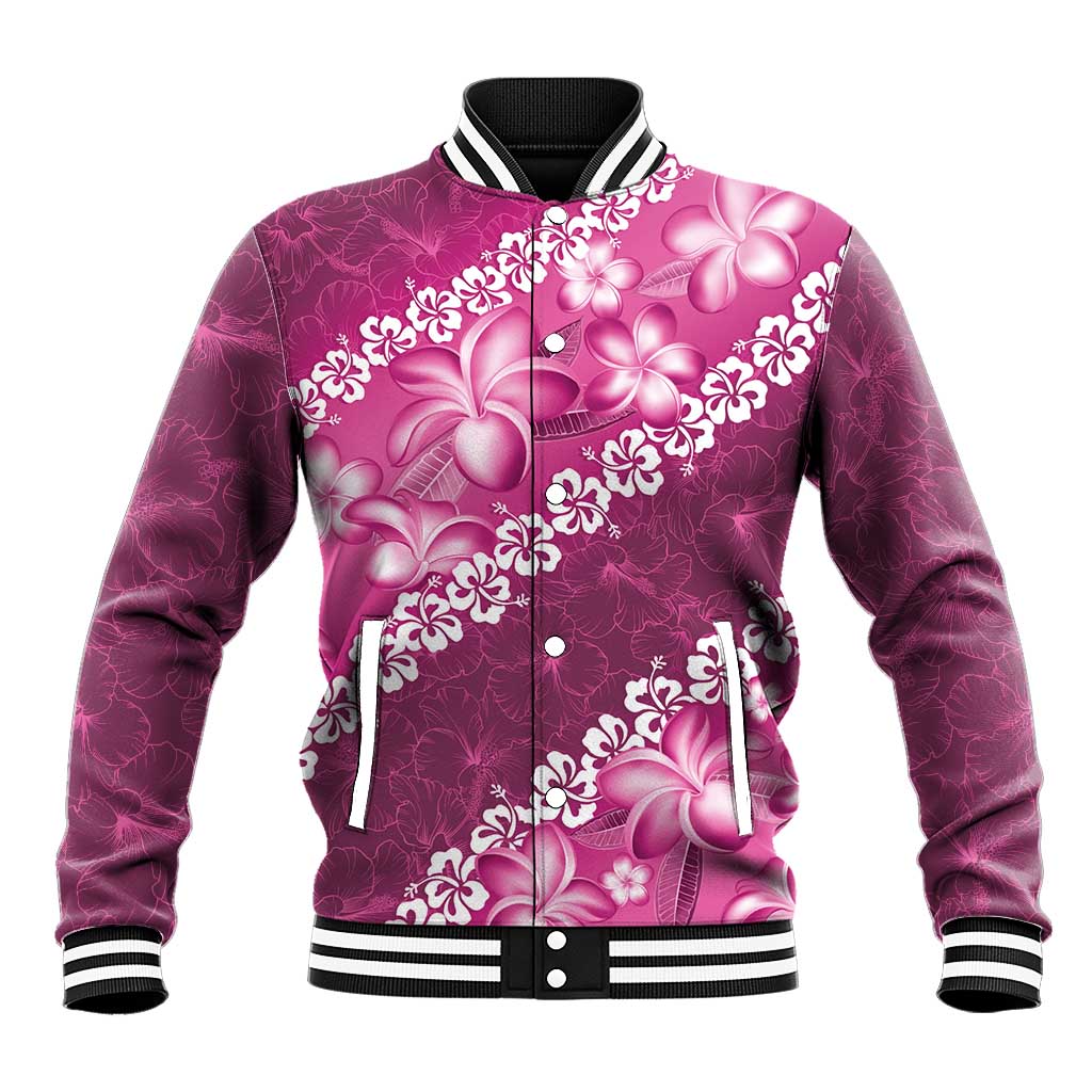 Vintage Pink Polynesia Baseball Jacket Plumeria With Hibiscus Tropical Vibes LT14 Unisex Pink - Polynesian Pride