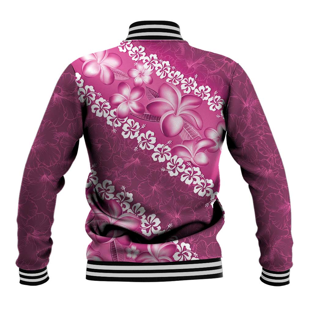 Vintage Pink Polynesia Baseball Jacket Plumeria With Hibiscus Tropical Vibes LT14 - Polynesian Pride