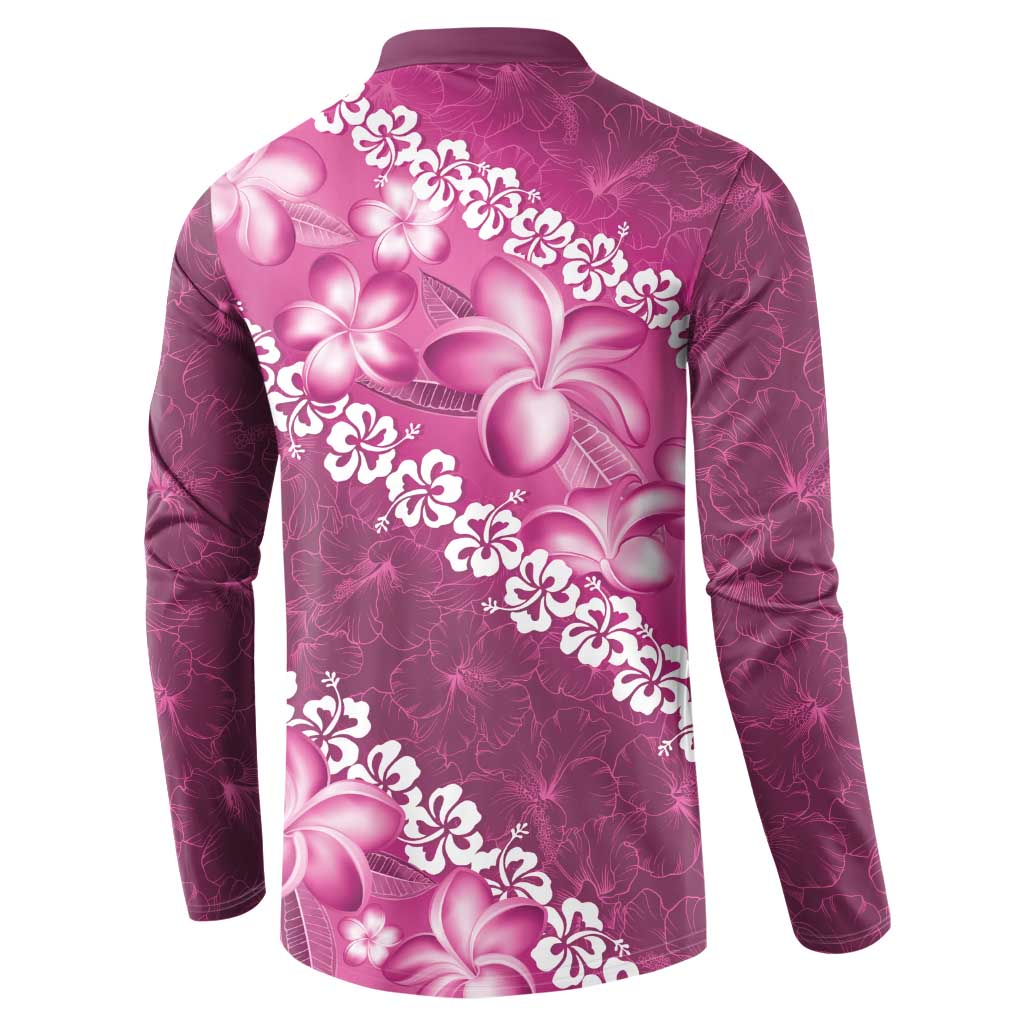 Vintage Pink Polynesia Button Sweatshirt Plumeria With Hibiscus Tropical Vibes LT14 - Polynesian Pride