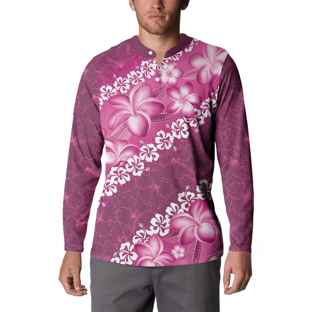 Vintage Pink Polynesia Button Sweatshirt Plumeria With Hibiscus Tropical Vibes LT14 - Polynesian Pride
