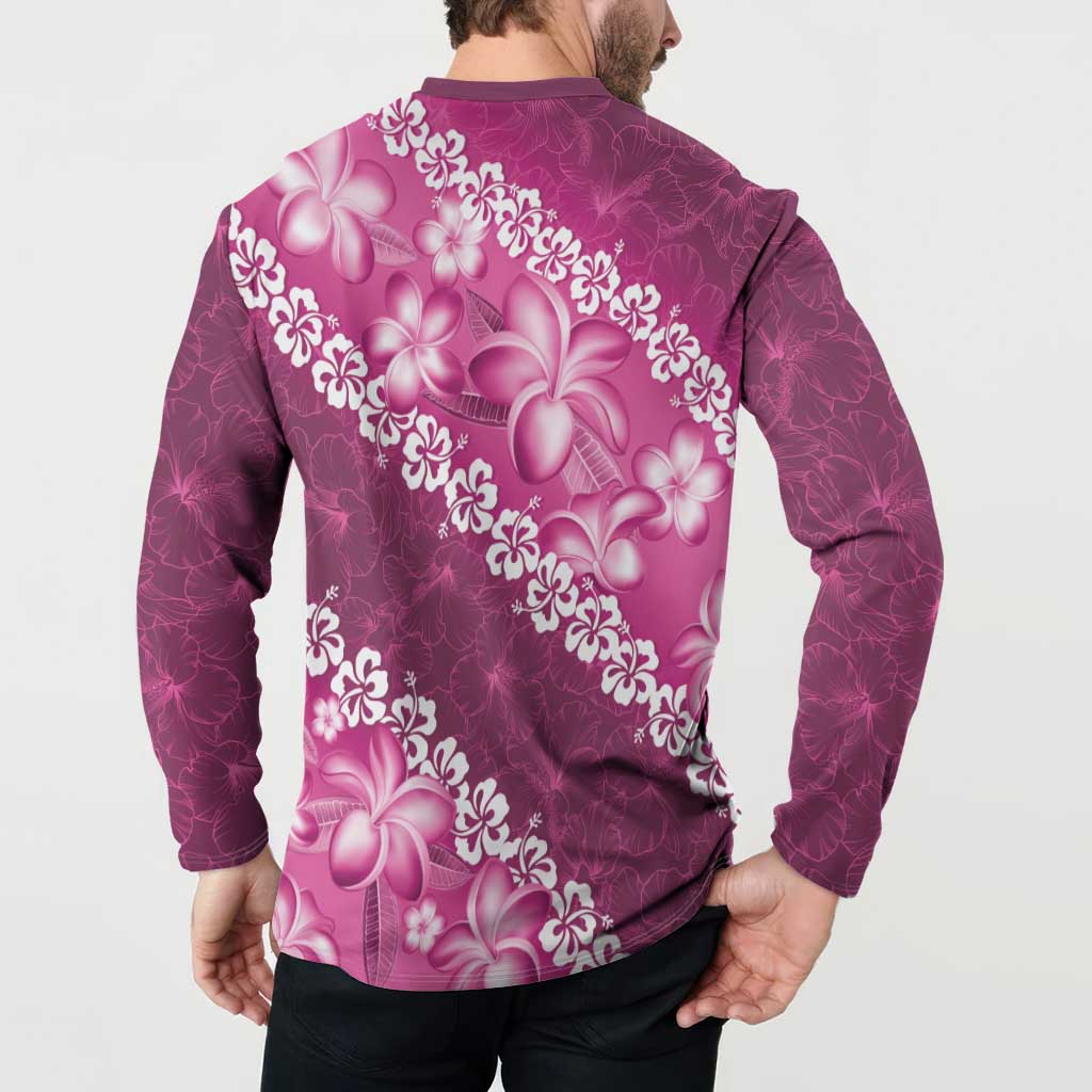 Vintage Pink Polynesia Button Sweatshirt Plumeria With Hibiscus Tropical Vibes LT14 - Polynesian Pride