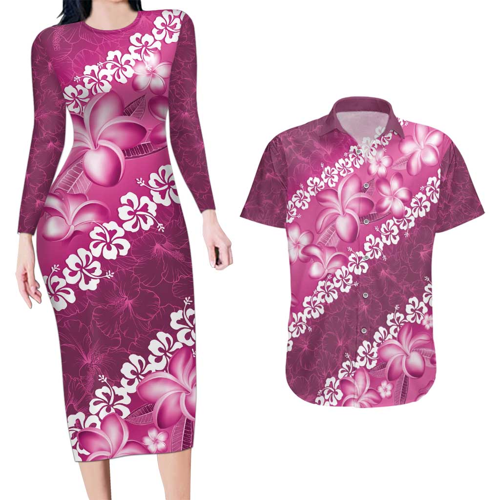 Vintage Pink Polynesia Couples Matching Long Sleeve Bodycon Dress and Hawaiian Shirt Plumeria With Hibiscus Tropical Vibes