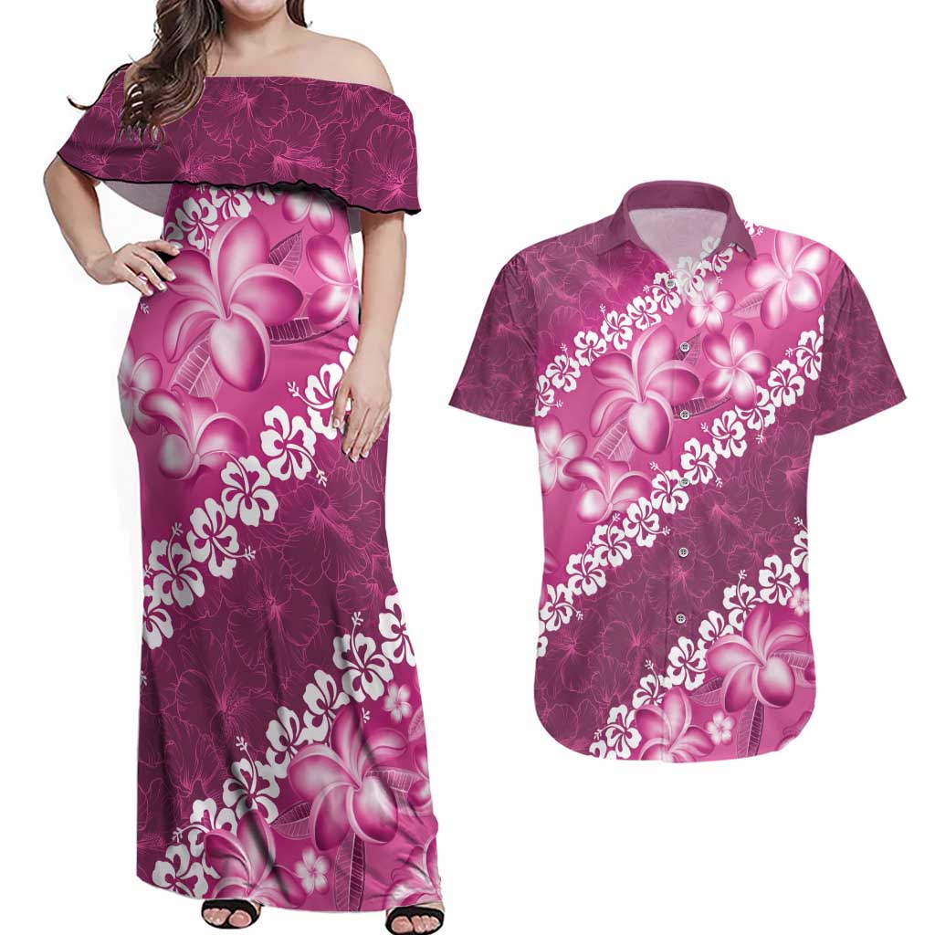 Vintage Pink Polynesia Couples Matching Off Shoulder Maxi Dress and Hawaiian Shirt Plumeria With Hibiscus Tropical Vibes