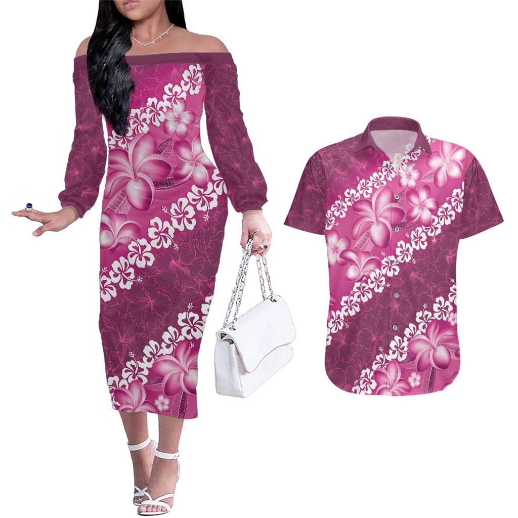 Vintage Pink Polynesia Couples Matching Off The Shoulder Long Sleeve Dress and Hawaiian Shirt Plumeria With Hibiscus Tropical Vibes