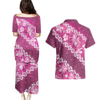 Vintage Pink Polynesia Couples Matching Puletasi and Hawaiian Shirt Plumeria With Hibiscus Tropical Vibes