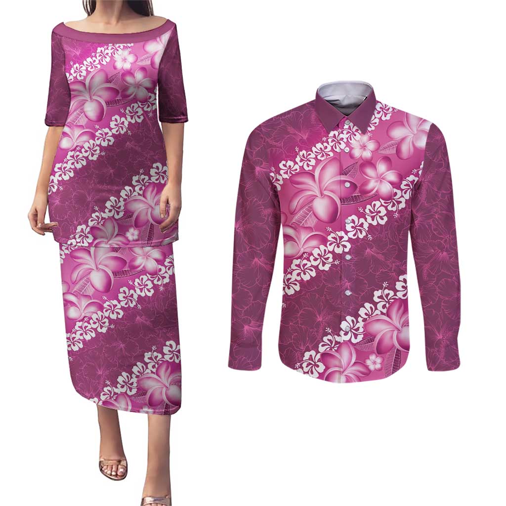 Vintage Pink Polynesia Couples Matching Puletasi and Long Sleeve Button Shirt Plumeria With Hibiscus Tropical Vibes LT14 Pink - Polynesian Pride