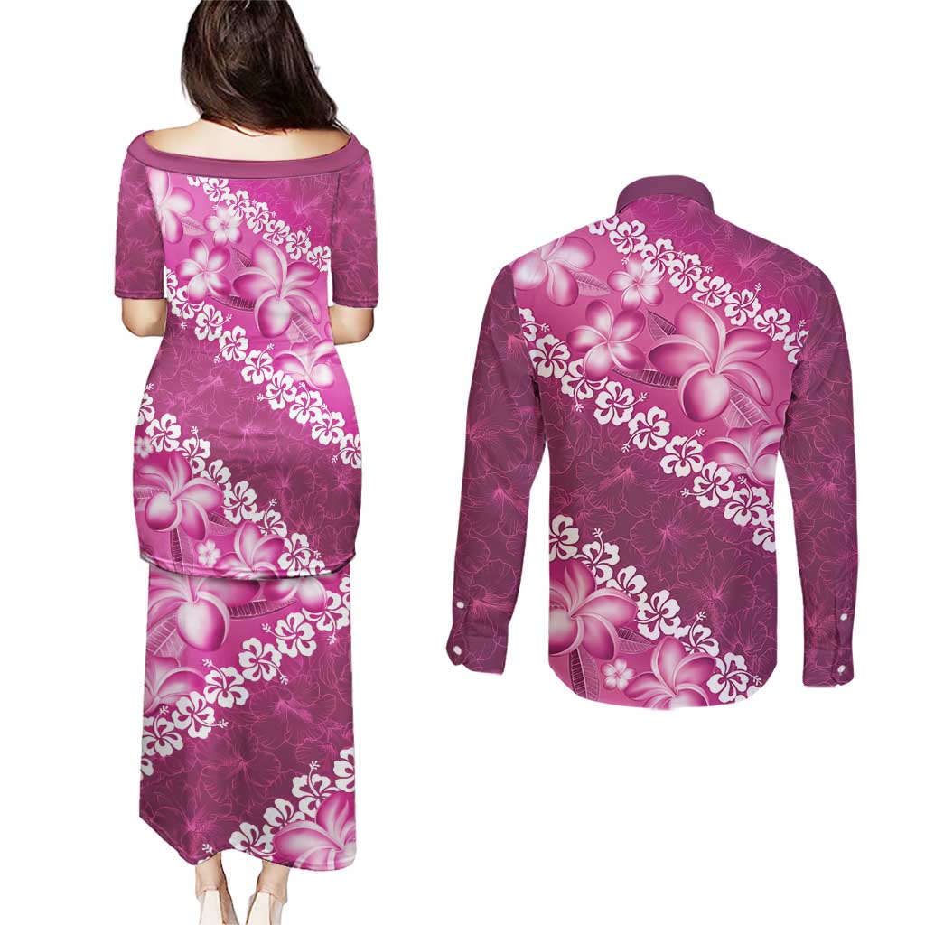 Vintage Pink Polynesia Couples Matching Puletasi and Long Sleeve Button Shirt Plumeria With Hibiscus Tropical Vibes LT14 - Polynesian Pride
