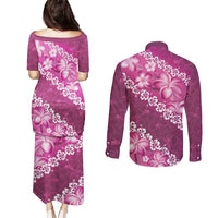 Vintage Pink Polynesia Couples Matching Puletasi and Long Sleeve Button Shirt Plumeria With Hibiscus Tropical Vibes LT14 - Polynesian Pride