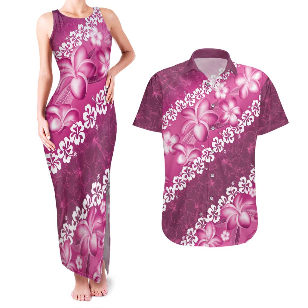 Vintage Pink Polynesia Couples Matching Tank Maxi Dress and Hawaiian Shirt Plumeria With Hibiscus Tropical Vibes