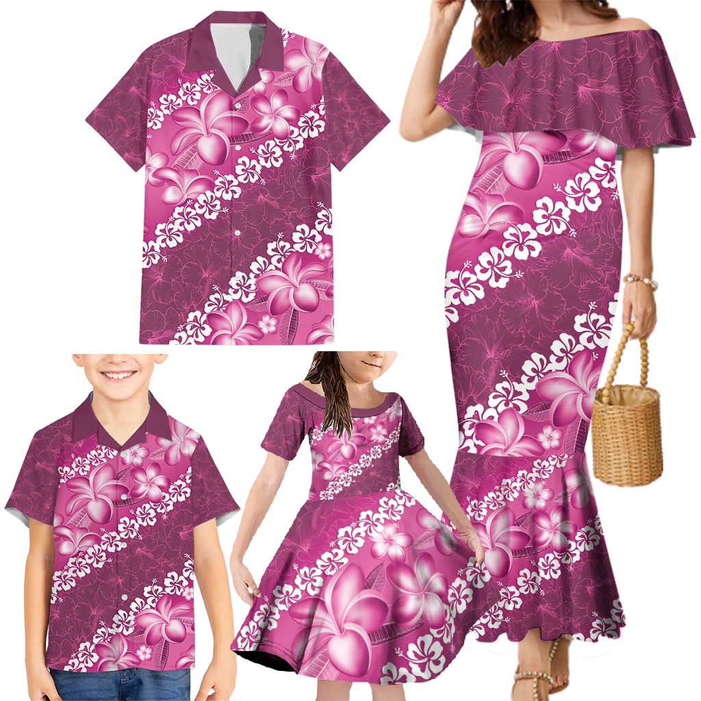 Vintage Pink Polynesia Family Matching Mermaid Dress and Hawaiian Shirt Plumeria With Hibiscus Tropical Vibes