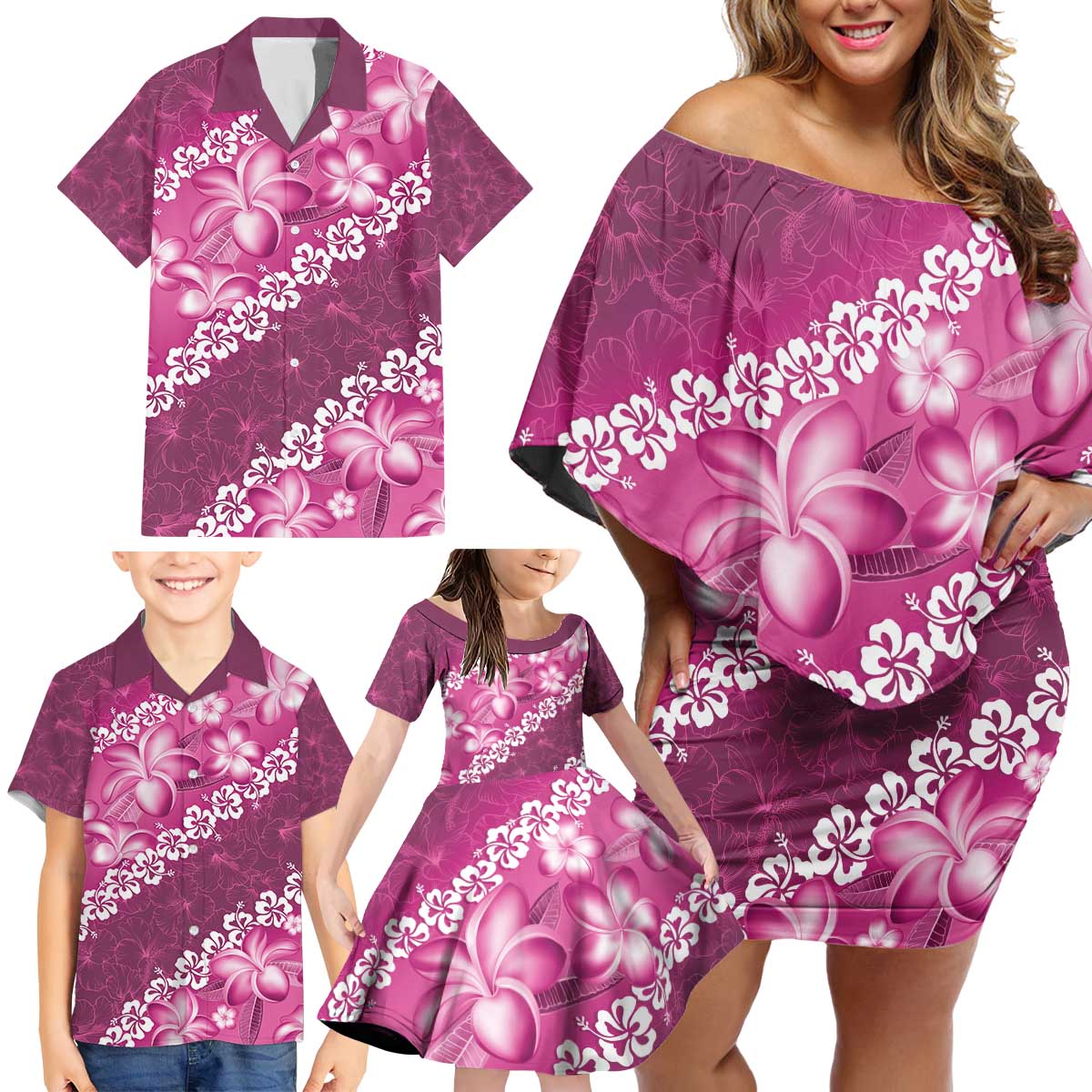 Vintage Pink Polynesia Family Matching Off Shoulder Short Dress and Hawaiian Shirt Plumeria With Hibiscus Tropical Vibes