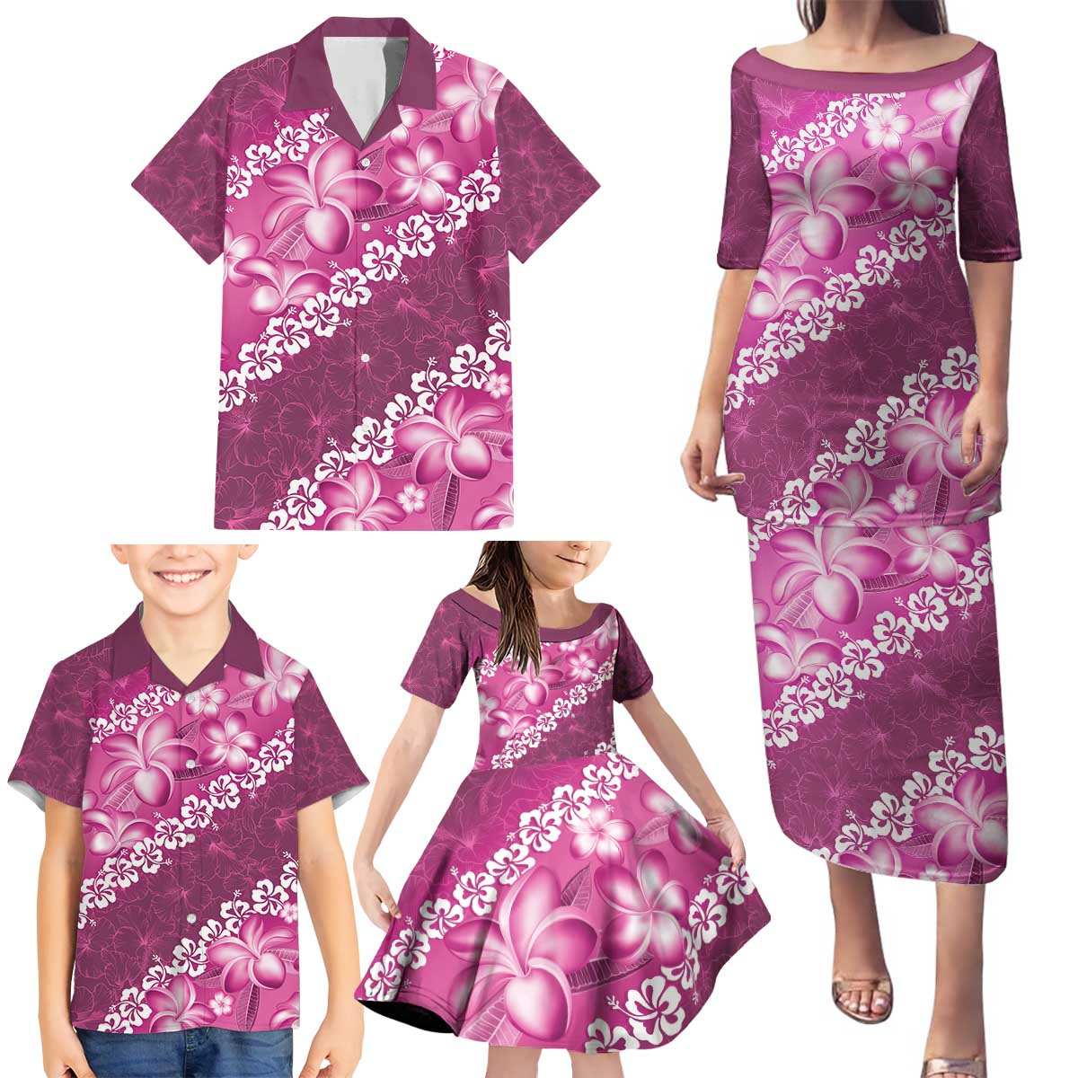 Vintage Pink Polynesia Family Matching Puletasi and Hawaiian Shirt Plumeria With Hibiscus Tropical Vibes