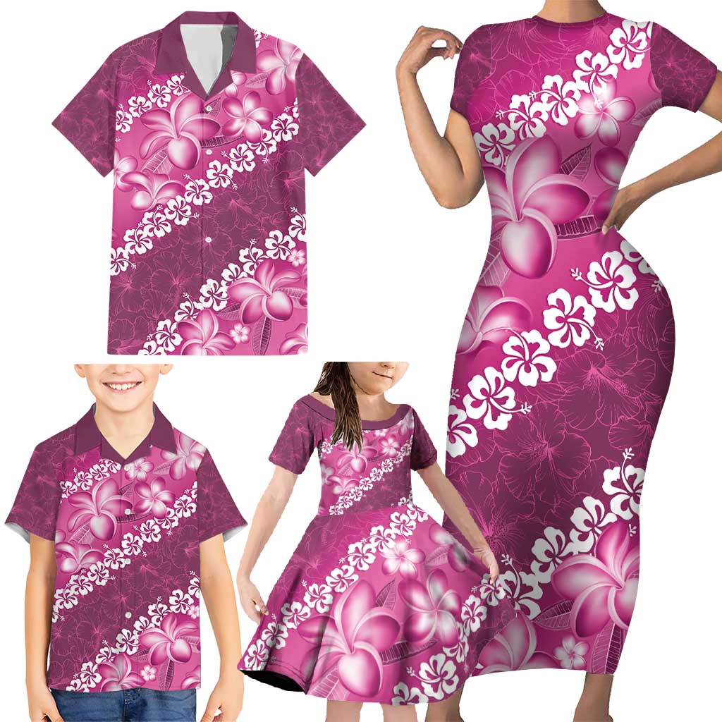 Vintage Pink Polynesia Family Matching Short Sleeve Bodycon Dress and Hawaiian Shirt Plumeria With Hibiscus Tropical Vibes