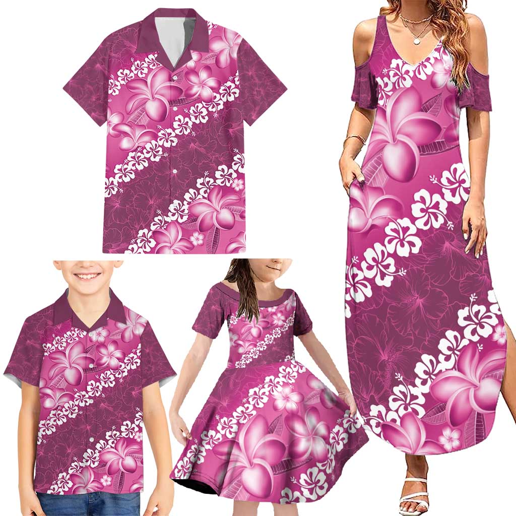 Vintage Pink Polynesia Family Matching Summer Maxi Dress and Hawaiian Shirt Plumeria With Hibiscus Tropical Vibes