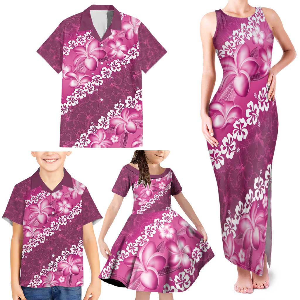 Vintage Pink Polynesia Family Matching Tank Maxi Dress and Hawaiian Shirt Plumeria With Hibiscus Tropical Vibes