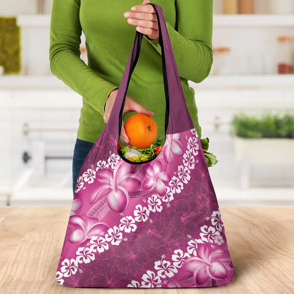 Vintage Pink Polynesia Grocery Bag Plumeria With Hibiscus Tropical Vibes LT14 - Polynesian Pride