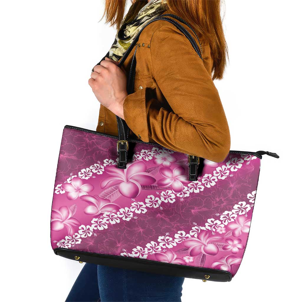 Vintage Pink Polynesia Leather Tote Bag Plumeria With Hibiscus Tropical Vibes LT14 Pink - Polynesian Pride