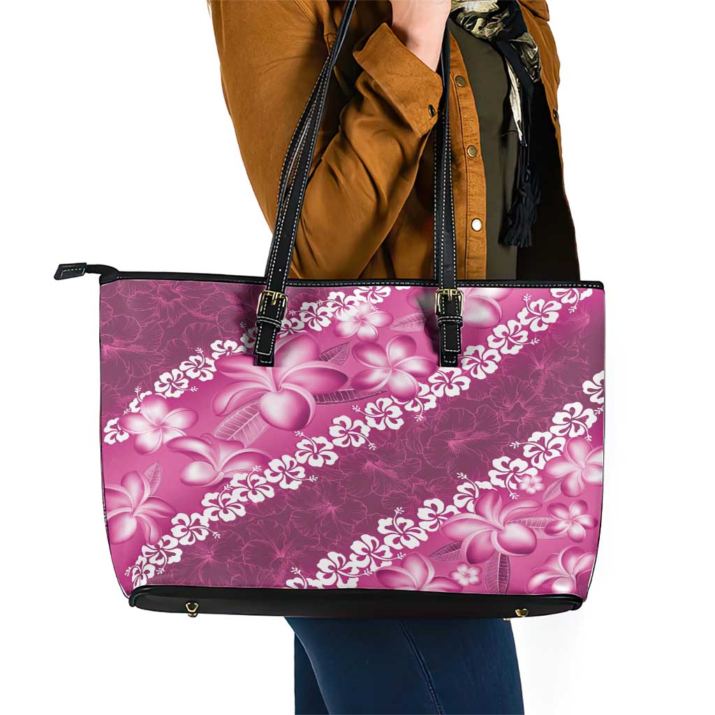 Vintage Pink Polynesia Leather Tote Bag Plumeria With Hibiscus Tropical Vibes LT14 - Polynesian Pride