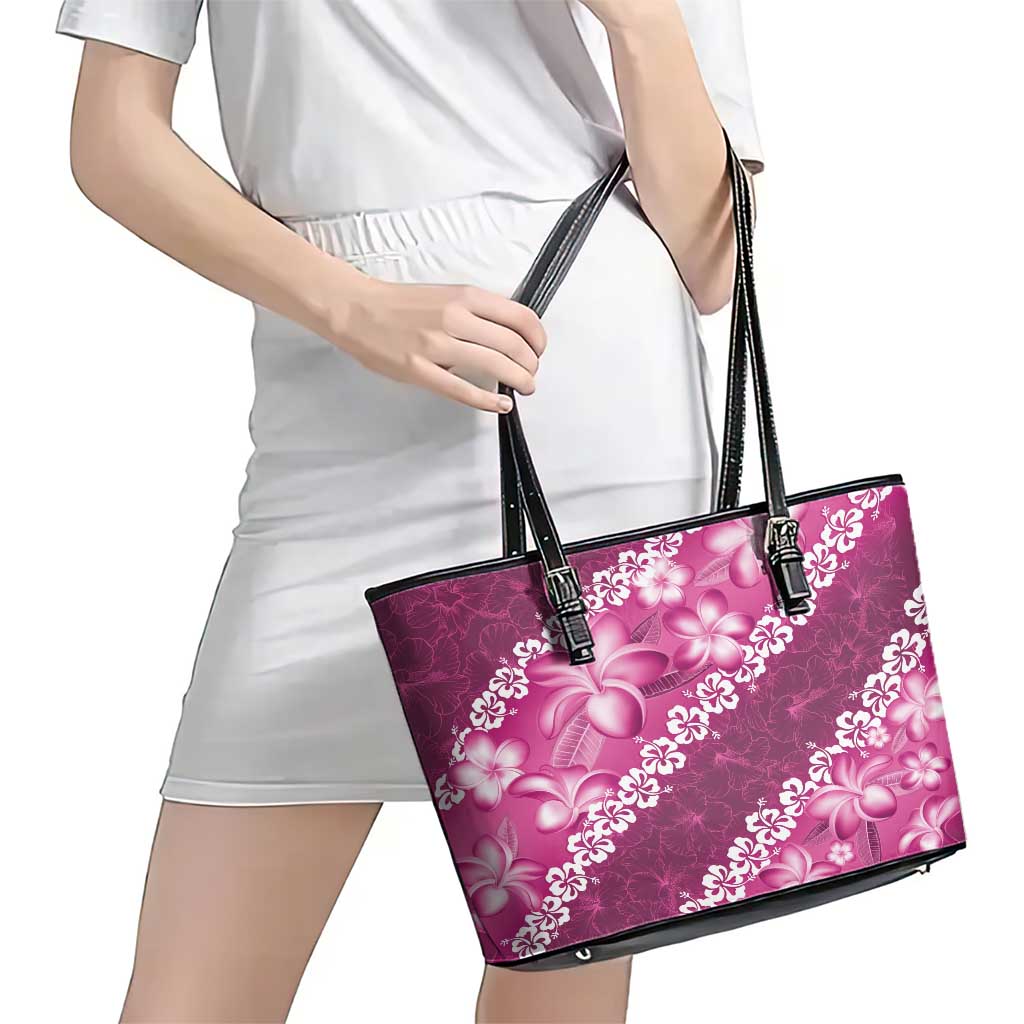 Vintage Pink Polynesia Leather Tote Bag Plumeria With Hibiscus Tropical Vibes LT14 - Polynesian Pride