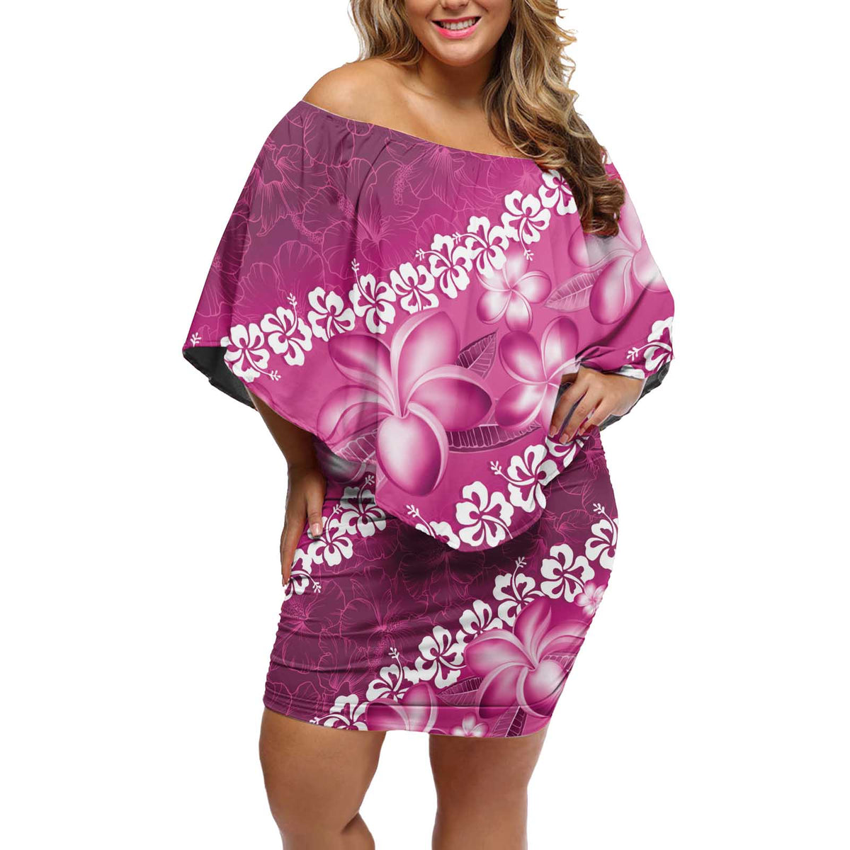 Vintage Pink Polynesia Off Shoulder Short Dress Plumeria With Hibiscus Tropical Vibes LT14 Women Pink - Polynesian Pride