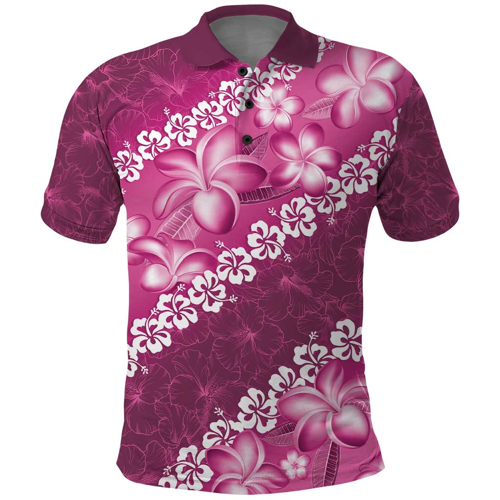Vintage Pink Polynesia Polo Shirt Plumeria With Hibiscus Tropical Vibes