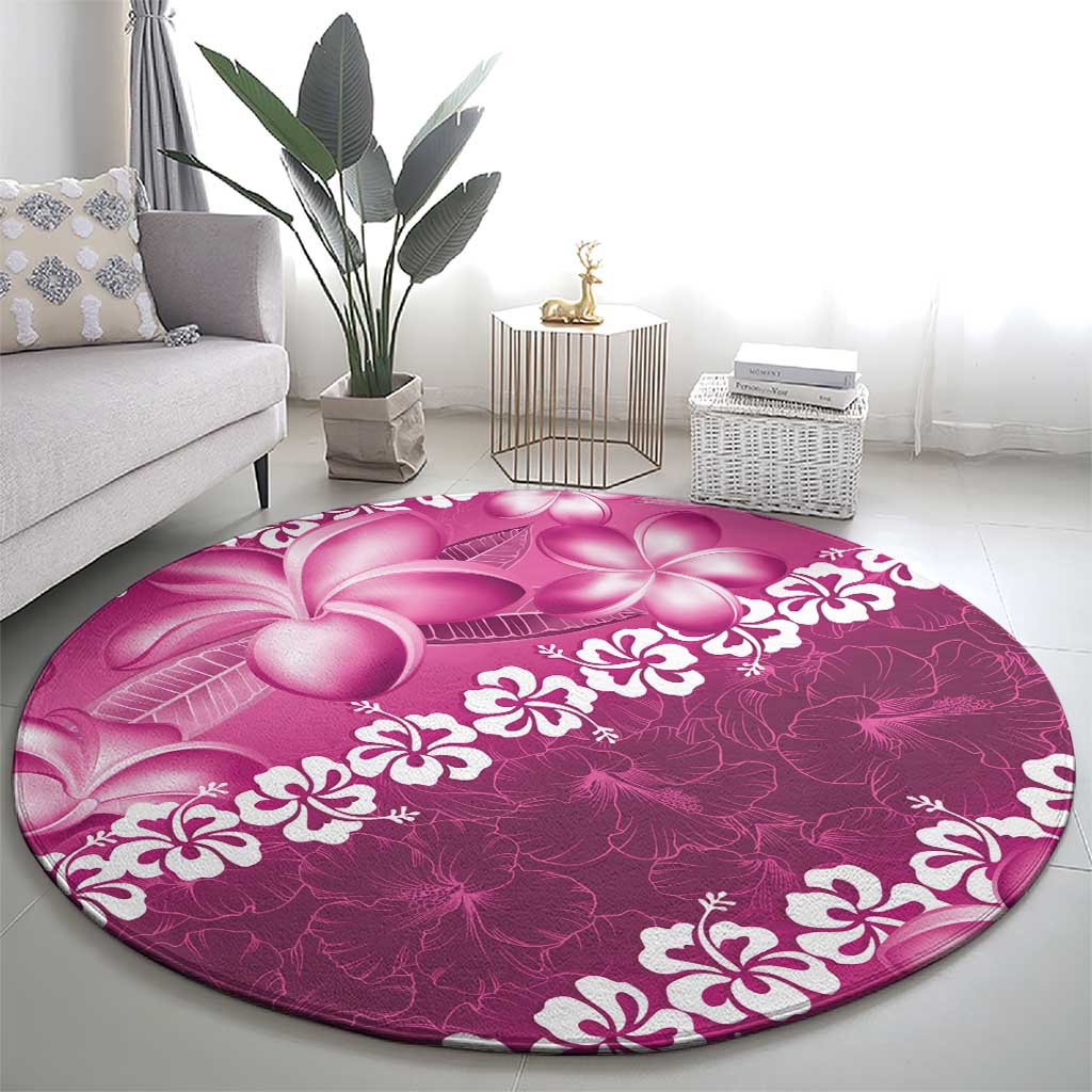 Vintage Pink Polynesia Round Carpet Plumeria With Hibiscus Tropical Vibes
