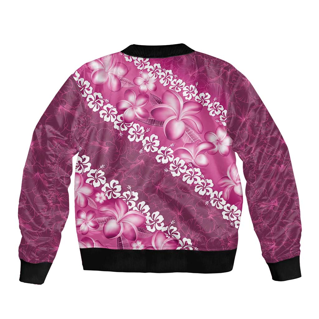 Vintage Pink Polynesia Sleeve Zip Bomber Jacket Plumeria With Hibiscus Tropical Vibes