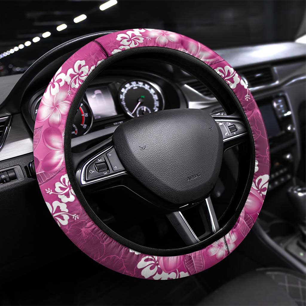 Vintage Pink Polynesia Steering Wheel Cover Plumeria With Hibiscus Tropical Vibes LT14 Universal Fit Pink - Polynesian Pride