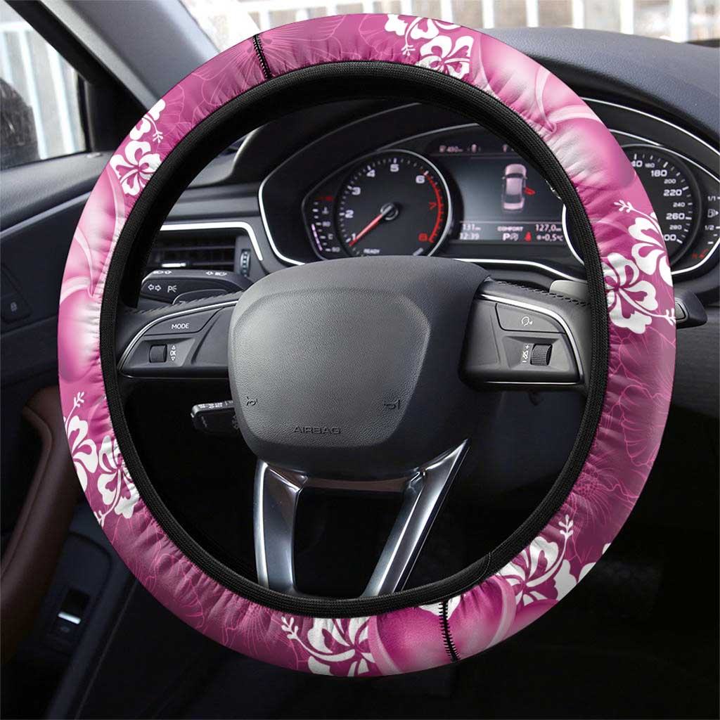 Vintage Pink Polynesia Steering Wheel Cover Plumeria With Hibiscus Tropical Vibes LT14 - Polynesian Pride