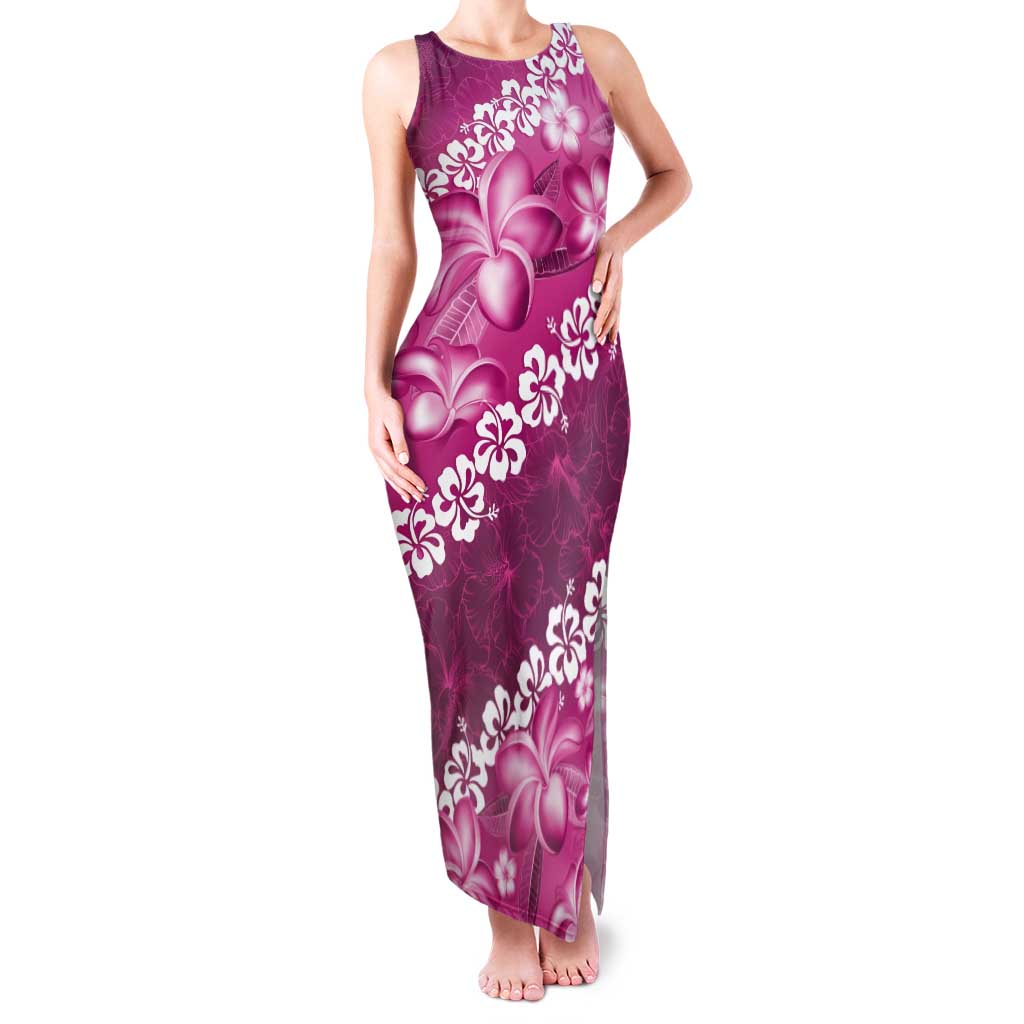 Vintage Pink Polynesia Tank Maxi Dress Plumeria With Hibiscus Tropical Vibes LT14 Women Pink - Polynesian Pride