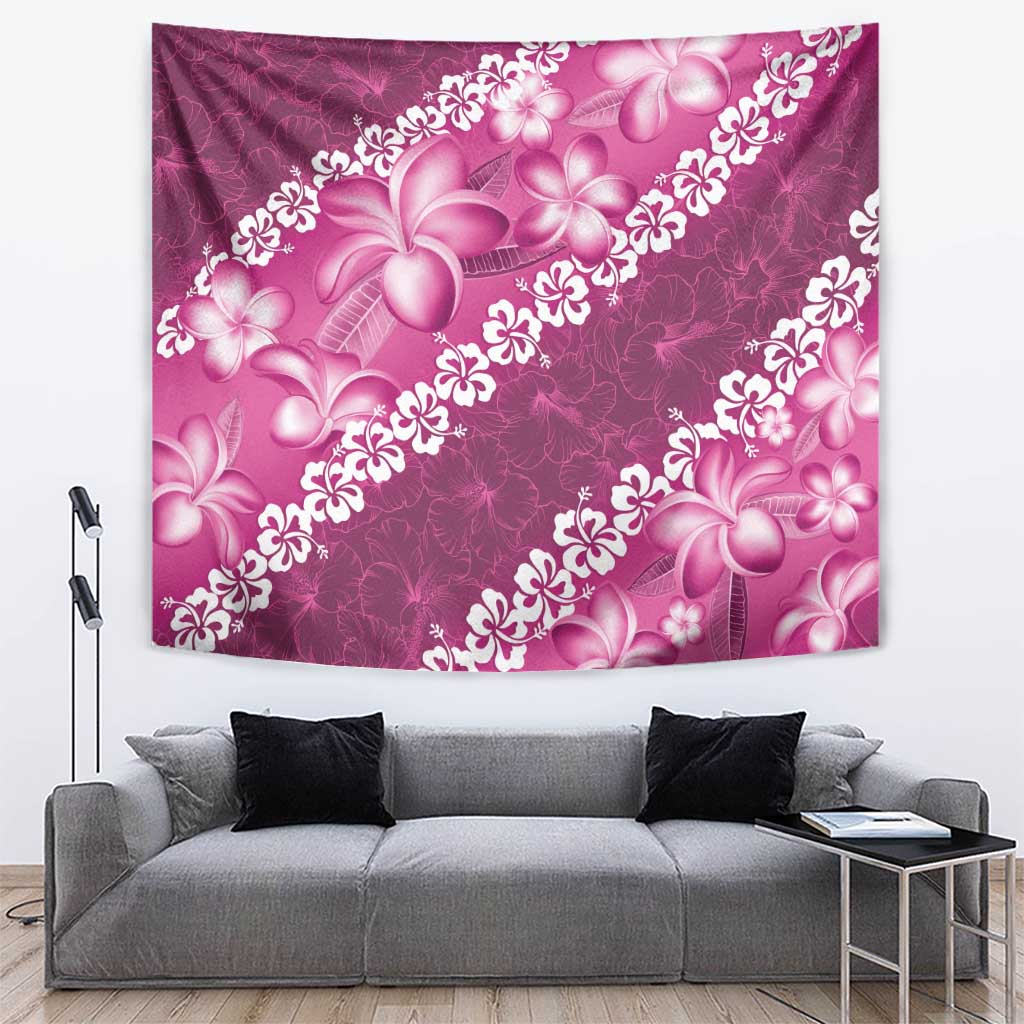 Vintage Pink Polynesia Tapestry Plumeria With Hibiscus Tropical Vibes