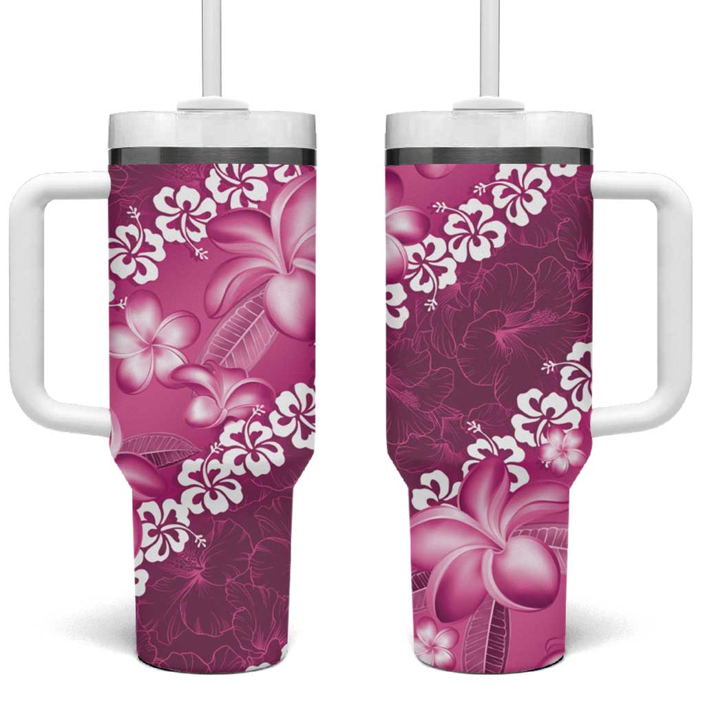 Vintage Pink Polynesia Tumbler With Handle Plumeria With Hibiscus Tropical Vibes LT14 One Size: 40 oz Pink - Polynesian Pride