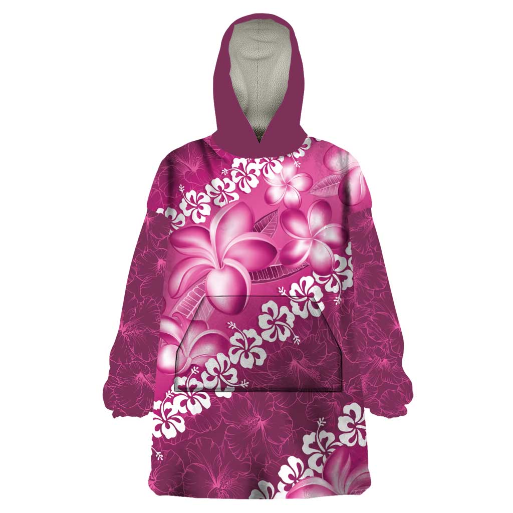 Vintage Pink Polynesia Wearable Blanket Hoodie Plumeria With Hibiscus Tropical Vibes LT14 One Size Pink - Polynesian Pride