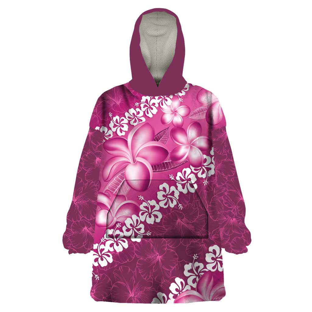 Vintage Pink Polynesia Wearable Blanket Hoodie Plumeria With Hibiscus Tropical Vibes