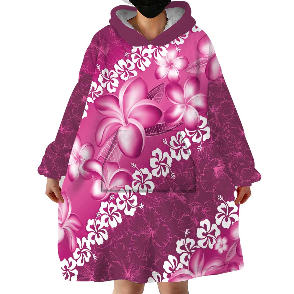 Vintage Pink Polynesia Wearable Blanket Hoodie Plumeria With Hibiscus Tropical Vibes LT14 - Polynesian Pride