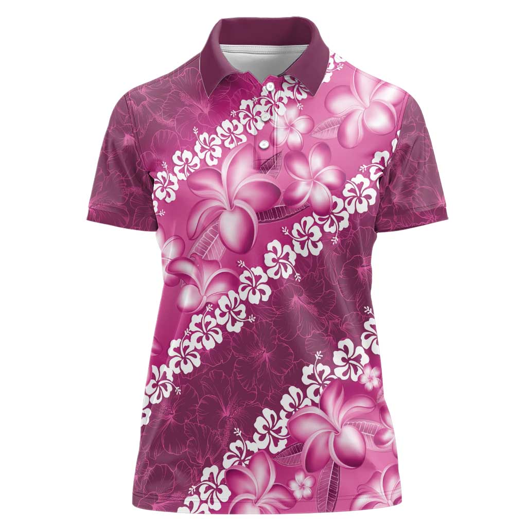 Vintage Pink Polynesia Women Polo Shirt Plumeria With Hibiscus Tropical Vibes