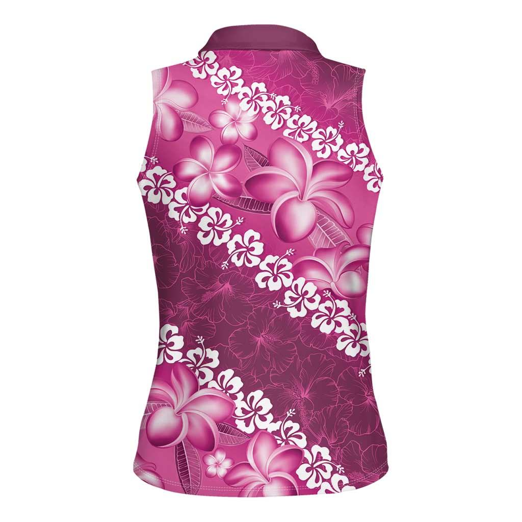 Vintage Pink Polynesia Women Sleeveless Polo Shirt Plumeria With Hibiscus Tropical Vibes