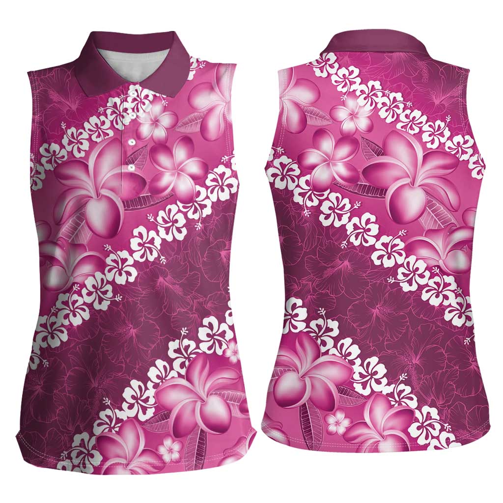 Vintage Pink Polynesia Women Sleeveless Polo Shirt Plumeria With Hibiscus Tropical Vibes
