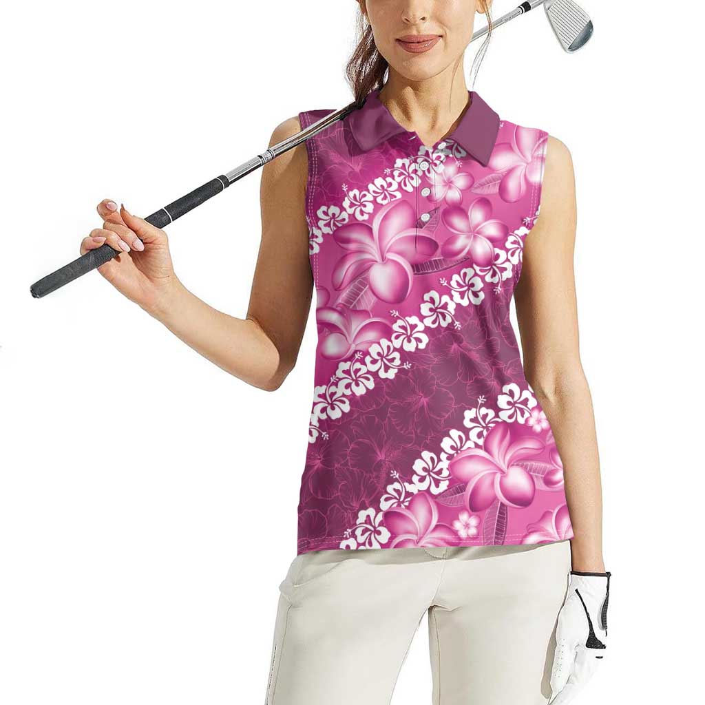 Vintage Pink Polynesia Women Sleeveless Polo Shirt Plumeria With Hibiscus Tropical Vibes