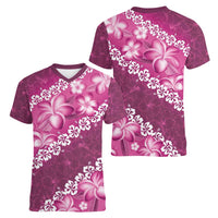 Vintage Pink Polynesia Women V-Neck T-Shirt Plumeria With Hibiscus Tropical Vibes