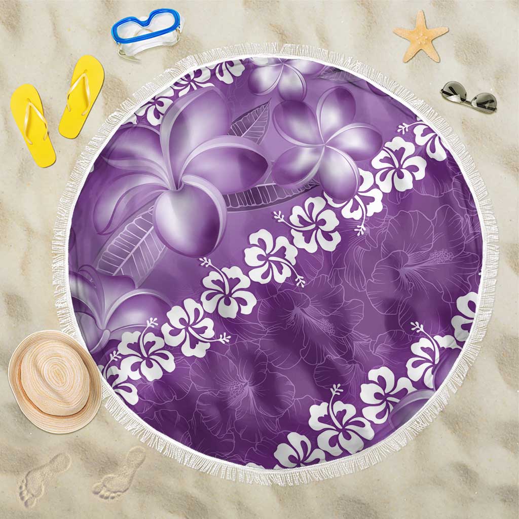 Vintage Purple Polynesia Beach Blanket Plumeria With Hibiscus Tropical Vibes LT14 One Size 150cm Purple - Polynesian Pride