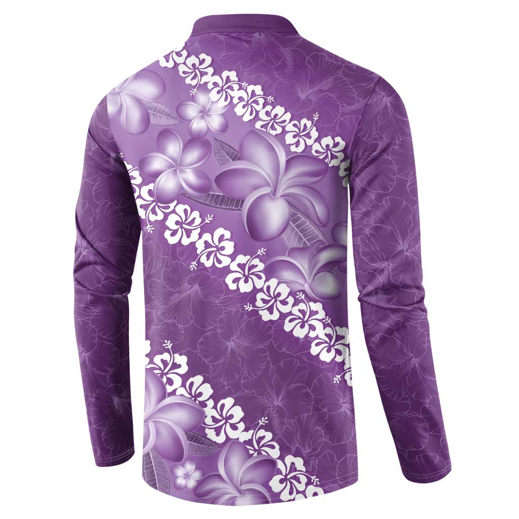 Vintage Purple Polynesia Button Sweatshirt Plumeria With Hibiscus Tropical Vibes LT14 - Polynesian Pride
